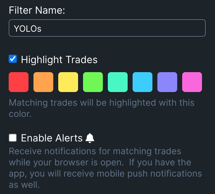 Screenshot of the edit filter dialog, demonstrating how each filter has a unique color and can have alerts enabled
